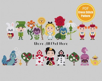 Alice in Wonderland Inspired Cross stitch Pattern - We're all mad here - PDF Download - Mad Hatter - Chesire Cat - Crossstitch