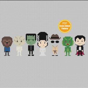 May include: Cross stitch pattern featuring a group of classic monster characters, including Frankenstein, Dracula, the Creature from the Black Lagoon, and the Mummy. The pattern is in a pixelated style and is perfect for Halloween crafts.