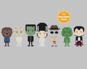 Classic Monster Movie Cross stitch Pattern -  Frankenstein - Halloween - Dracula - Wolfman - Instant Download - Crossstitch Pattern