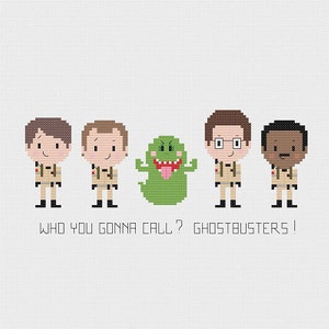 May include: Pixel art illustration of the Ghostbusters characters, including the ghost Slimer. The text below reads "Who you gonna call? Ghostbusters!"