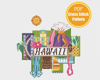 Haft krzyżykowy Hawaje - PDF do pobrania natychmiast - Wzór do haftu krzyżykowego - Nowoczesny retro