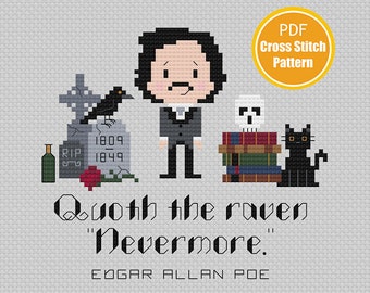 Edgar Allan Poe Cross stitch patroon - Quoth the Raven Nevermore - Poëzie - Instant Download - Crossstitch patroon