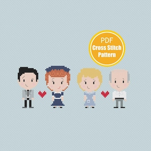 May include: Cross stitch pattern PDF featuring four cartoon figures, two women and two men, with hearts between each pair. The text "PDF Cross Stitch Pattern" is in a yellow circle.