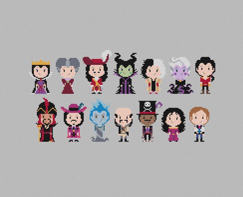 May include: A collection of 14 Disney villain characters in a pixelated style. The characters are all wearing their signature outfits and have a cartoonish appearance. The background is a light grey.