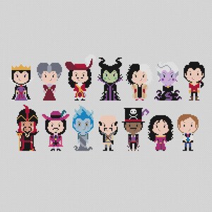 May include: A collection of 14 Disney villain characters in a pixelated style. The characters are all wearing their signature outfits and accessories. The background is a light grey.