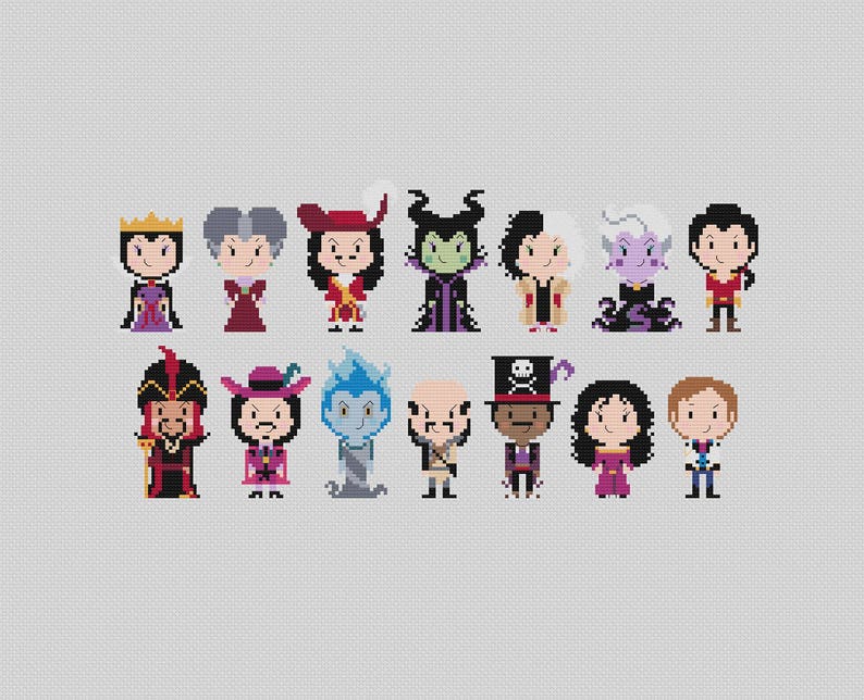 May include: A collection of 14 Disney villain characters in a pixelated style. The characters are all wearing their signature outfits and accessories. The background is a light grey.