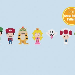 May include: A cross stitch pattern featuring characters from the Super Mario Bros. video game series. The characters include Mario, Luigi, Bowser, Princess Peach, Boo, Toad, and Yoshi. The pattern is in PDF format.