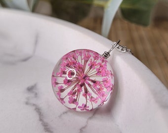 Pink dried flower glass sphere charm 18inch silver plated necklace - pink real flower charm jewellery - pink flower necklace - gift for her