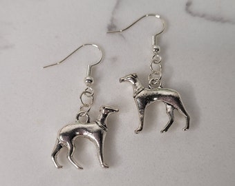 Greyhound charm drop earrings - silver plated - sighthound - lurcher - whippet - greyhound - dog - pet - animal earrings - gift idea