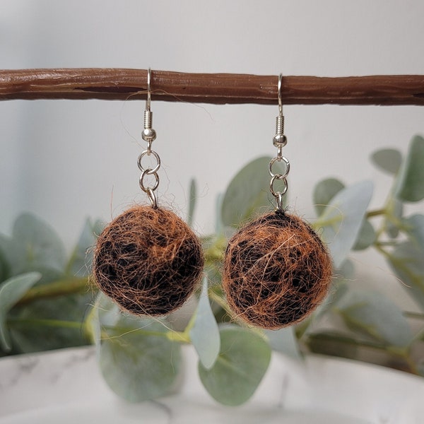 Black and orange felt ball earrings - lightweight - ball earrings - drop earrings - orange - felt jewellery - quirky earrings - needle felt