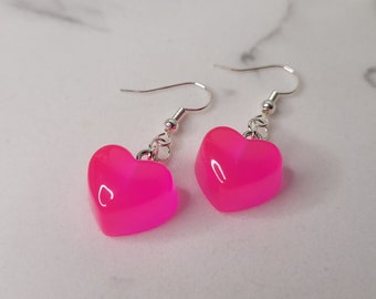 Pink imitation jelly sweet heart charm drop earrings - heart earrings - drop earrings - charm earrings - resin jewellery - hot pink - bright