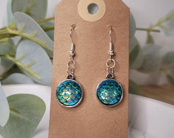 Blue mermaid scale drop earrings - silver plated - green - mermaid - iridescent - shiny - sparkle - womens - gift for her - magical - gift