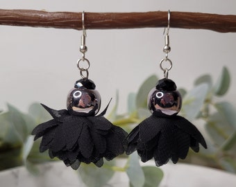 Black organza flower drop earrings - silver plated - fabric flower - flower earrings - lightweight jewellery - gift for her - black - party