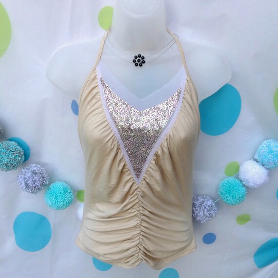 Y2k 90s Vintage MORGAN De TOI Beige Sequin Mesh Ru