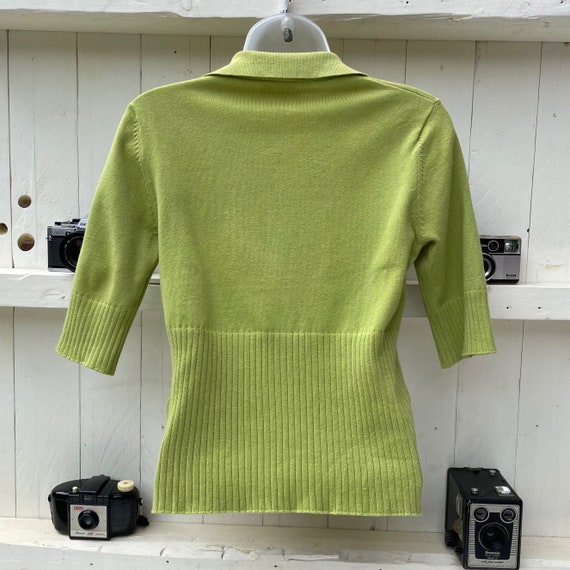 KAREN MILLEN Lime Green Knit Top Ribbed Collar 90… - image 6