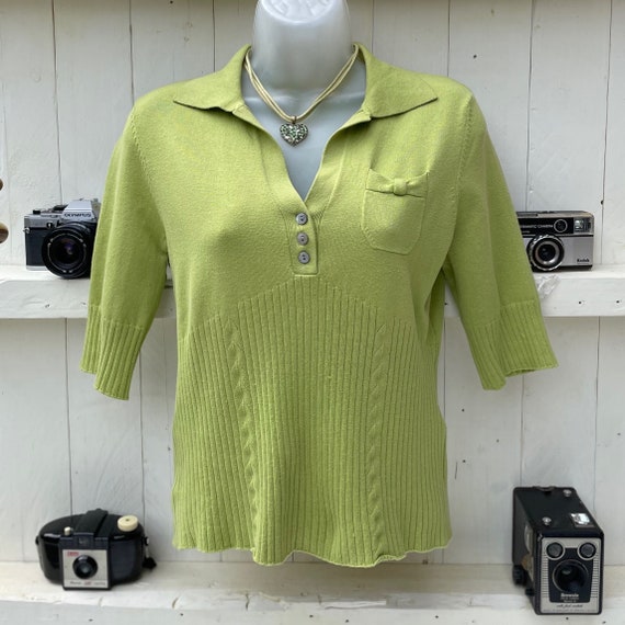 KAREN MILLEN Lime Green Knit Top Ribbed Collar 90… - image 1