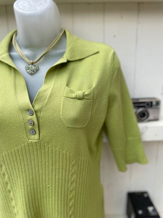 KAREN MILLEN Lime Green Knit Top Ribbed Collar 90… - image 2
