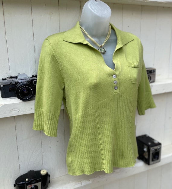 KAREN MILLEN Lime Green Knit Top Ribbed Collar 90… - image 3
