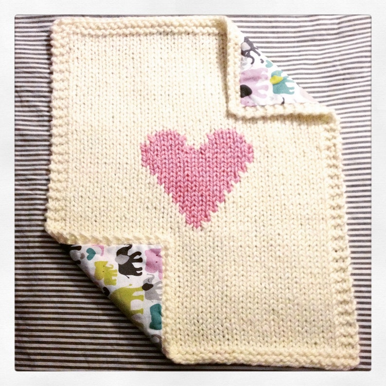 Knitted Pink Heart Blanket with cotton backing | Etsy