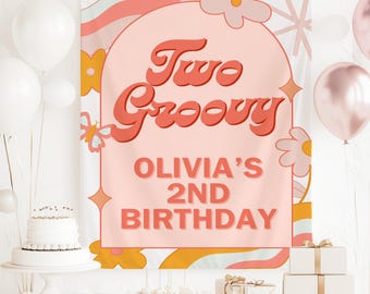 Two Groovy Birthday Backdrop, Retro Birthday Tapestry, 2nd Birthday Party Decor, Groovy Themed Photo Backdrop, Retro Party Decoration