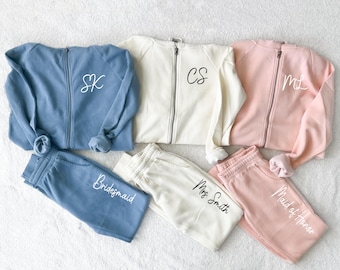 Custom bridesmaid pajamas, bridal pajamas, Bridesmaid sweatsuit, wedding day getting ready outfit, Bridal Party PJs, monogram bridesmaid pjs