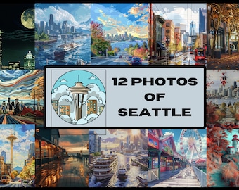 May include: A collage of 12 photographs showcasing various views of Seattle, Washington. The photographs feature the Space Needle, waterfront views, cityscapes, and autumn foliage.