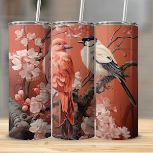 Chinoiserie Peach Branch 20oz Sublimation Tumbler Design, Straight and Tapered Skinny Tumbler Wrap PNG, Sublimation Design