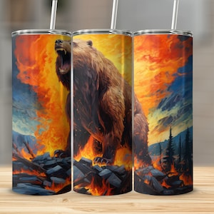 Wild Bear Fire 20 Unzen Sublimationsbecher Design, gerade und konische Skinny Tumbler Wrap PNG, Sublimationsdesign