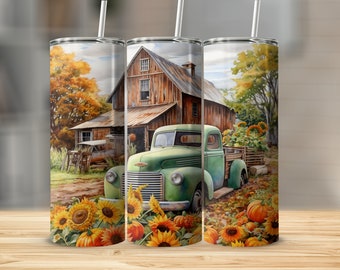Pumpkin Sunflower Country Scene 20oz skinny tumbler wrap straight and tapered tumbler sublimation design PNG of Pumpkin Sunflower