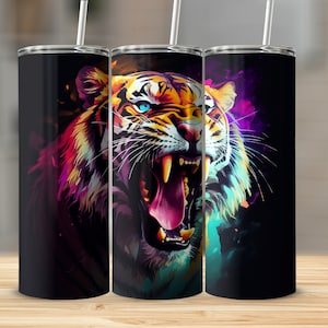 Neon Bengal Tiger 20oz skinny tumbler wrap straight and tapered tumbler sublimation design PNG of Neon Bengal Tiger