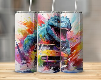 God zilla Chasing Car 20oz Sublimation Tumbler Design, Straight and Tapered Skinny Tumbler Wrap PNG, Sublimation Design