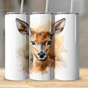Watercolor Doe 20oz skinny tumbler wrap straight and tapered tumbler sublimation design PNG of Watercolor Doe