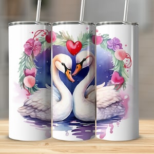Holiday Swan Couple 20oz skinny tumbler wrap straight and tapered tumbler sublimation design PNG of Holiday Swan Couple