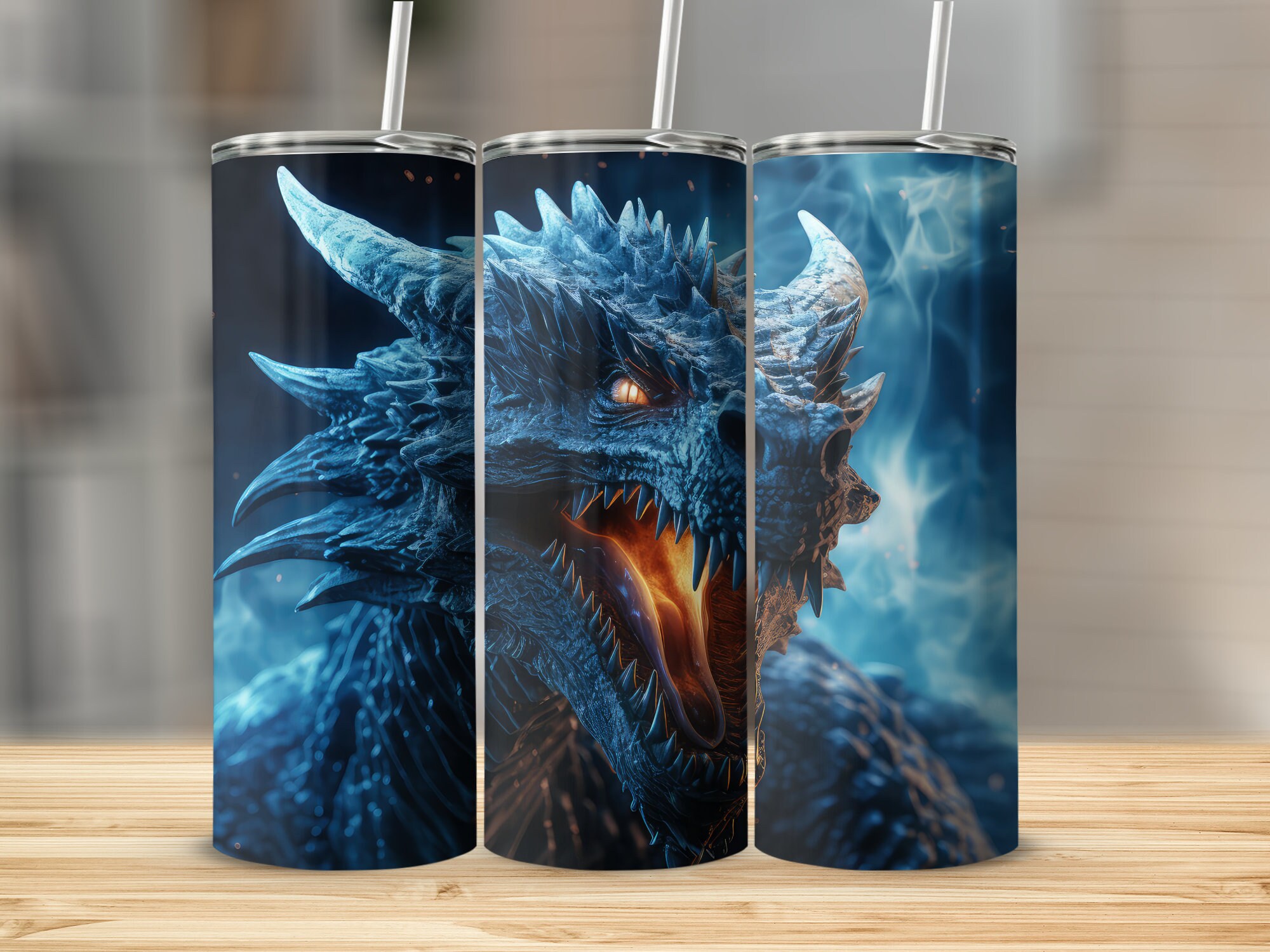 Blue Dragon Breathing Fire 20oz Sublimation Tumbler Design, Straight and Tapered Skinny Tumbler Wrap PNG, Sublimation Design