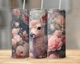 Peculiar Fawn Flowers 20oz Sublimation Tumbler Design, Straight and Tapered Skinny Tumbler Wrap PNG, Sublimation Design