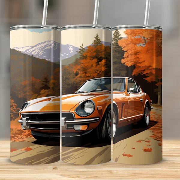 Restored 240Z 20oz skinny tumbler wrap sublimation design PNG straight and tapered straw, flat bottom