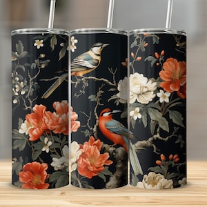 Floral Bird Wall Tumbler, 20oz Sublimation Tumbler Design, Straight and Tapered Skinny Tumbler Wrap PNG, Sublimation Design, Bird Floral