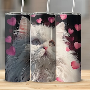 Cat Hearts Love Tumbler, 20oz Sublimation Tumbler Design, Straight and Tapered Skinny Tumbler Design, White Persian Cat, cat cat cat cat