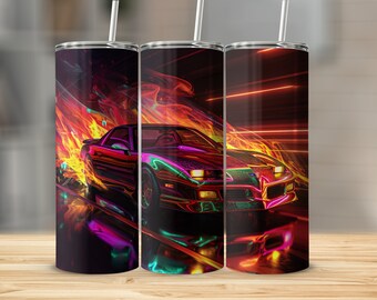May include: A set of three stainless steel tumblers with a colorful image of a sports car driving through a tunnel of flames. The car is red, orange, yellow, and green. The flames are red, orange, and yellow. The background is black.