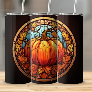 Stained Glass Pumpkin 20oz Sublimation Tumbler Design, Straight and Tapered Skinny Tumbler Wrap PNG, Sublimation Design