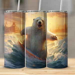 Surfing Bear 20oz skinny tumbler wrap straight and tapered tumbler sublimation design PNG of Surfing Bear