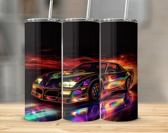 May include: A black and neon-colored stainless steel tumbler with a graphic of a sports car with flames. The car is in motion and the background is a blur of neon colors.