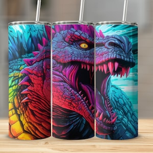 Neon God zilla Tumbler, 20oz Sublimation Tumbler Design, Straight and Tapered Skinny Tumbler Wrap PNG, Sublimation Design, God zilla png