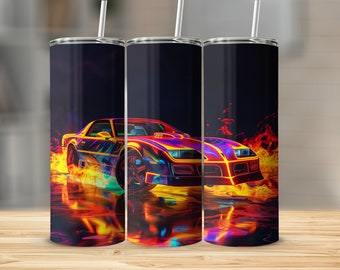 May include: A colorful, neon-style image of a sports car with flames coming from the wheels. The car is reflected in a pool of water below. The image is printed on a stainless steel tumbler.