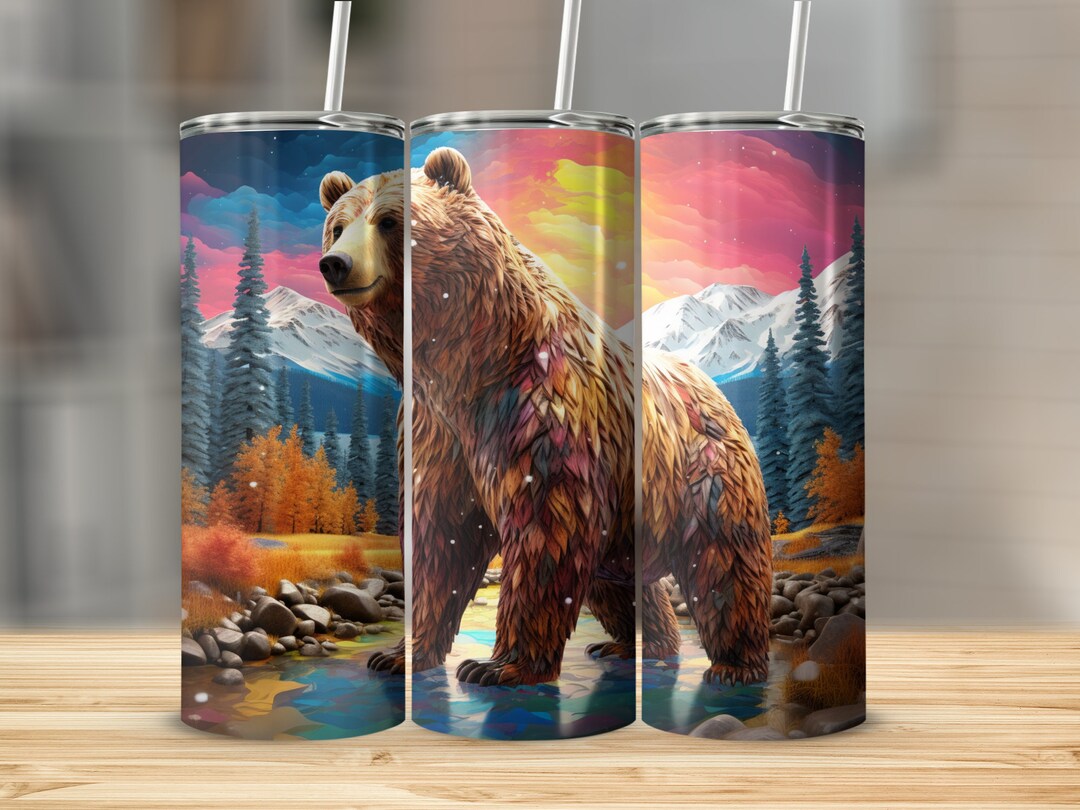 Watercolor Grizzly Bear 20oz Skinny Tumbler Wrap Straight and Tapered ...