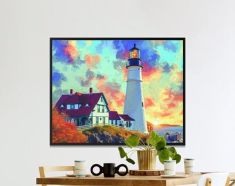 Vintage Maine Lighthouse Wall Art, Lighthouse living room deco, Bedroom Deco of historic lighthouses, Maine Life, Ocean Charmed Lighthouse