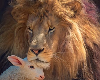 Lion and Lamb Wall Art Decor, Peaceful Wall Art, Christian Wall Art, Lion of Judah Wall Art, Faith Wall Art, Animal Wall Art, Jesus is Lord