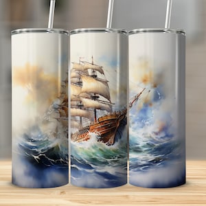 Ships on Water Tumbler, 20oz skinny and straight tumbler wrap sublimation design, ship gift, ship ship ship, vikings viking, viking vikings