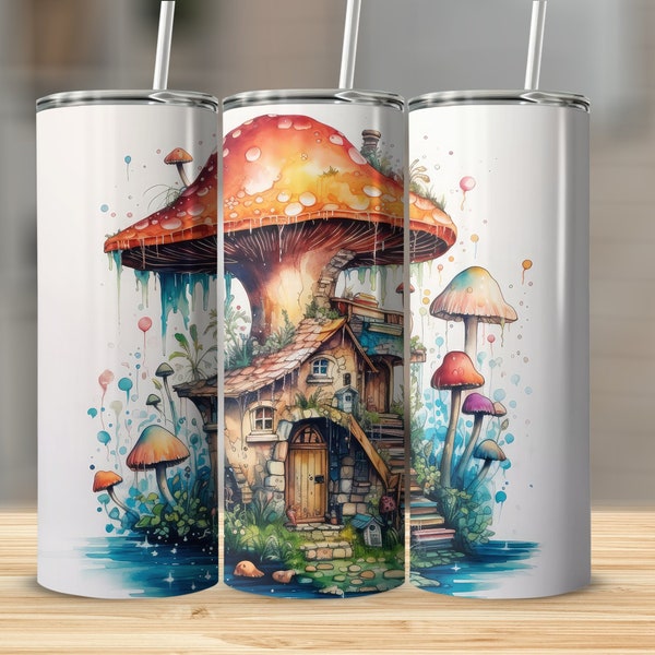 Mystical Mushroom Cottage, 20oz Sublimation Tumbler Design, Straight and Tapered Skinny Tumbler Wrap PNG, Sublimation Design