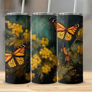Monarchs on Flowers 20oz Sublimation Tumbler Design, Straight and Tapered Skinny Tumbler Wrap PNG, Sublimation Design